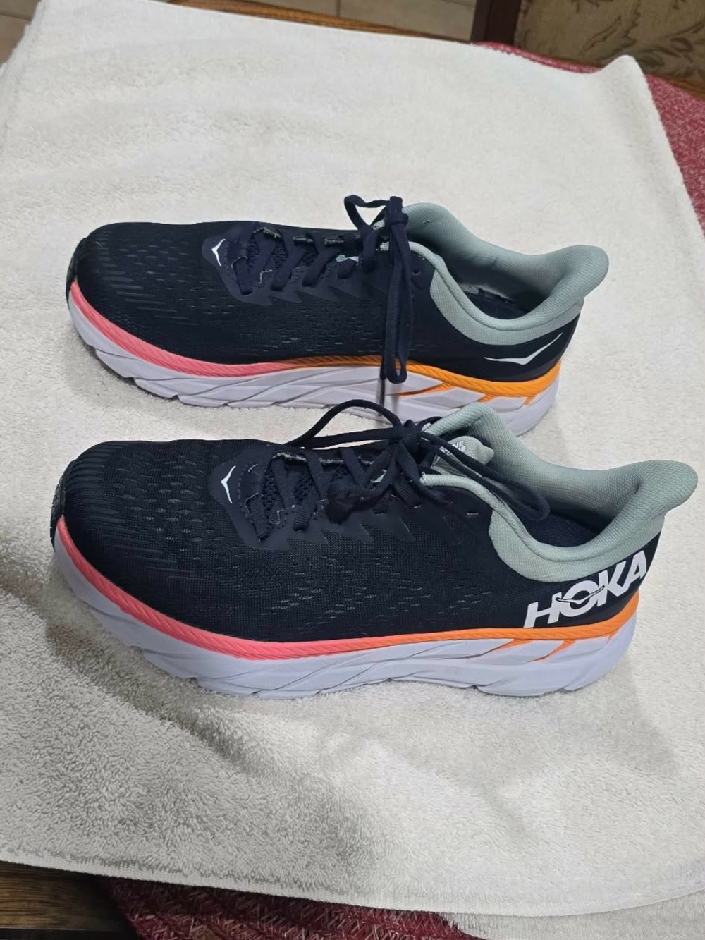 HOKA ONE ONE Woman’s. Navy Running Shoes with Coral and Mint Accents. Size 9 - Picture 8 of 9